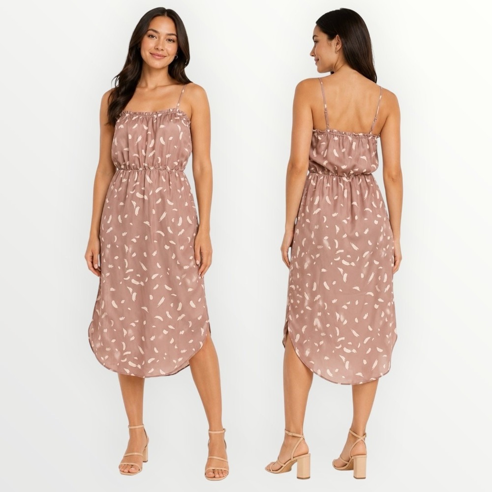 Saltwater Luxe Mauve Abstract‎ Feather Print Midi Dress Strappy Boho Resort Sz M